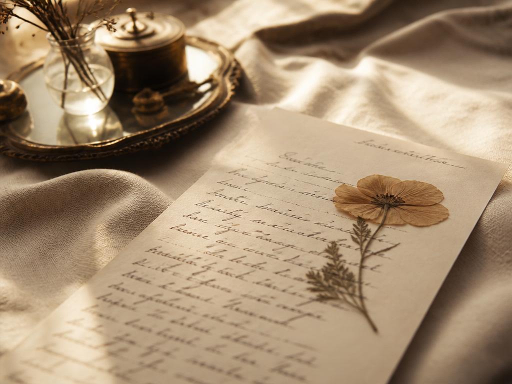 Handwritten letter with a pressed flower on cream linen