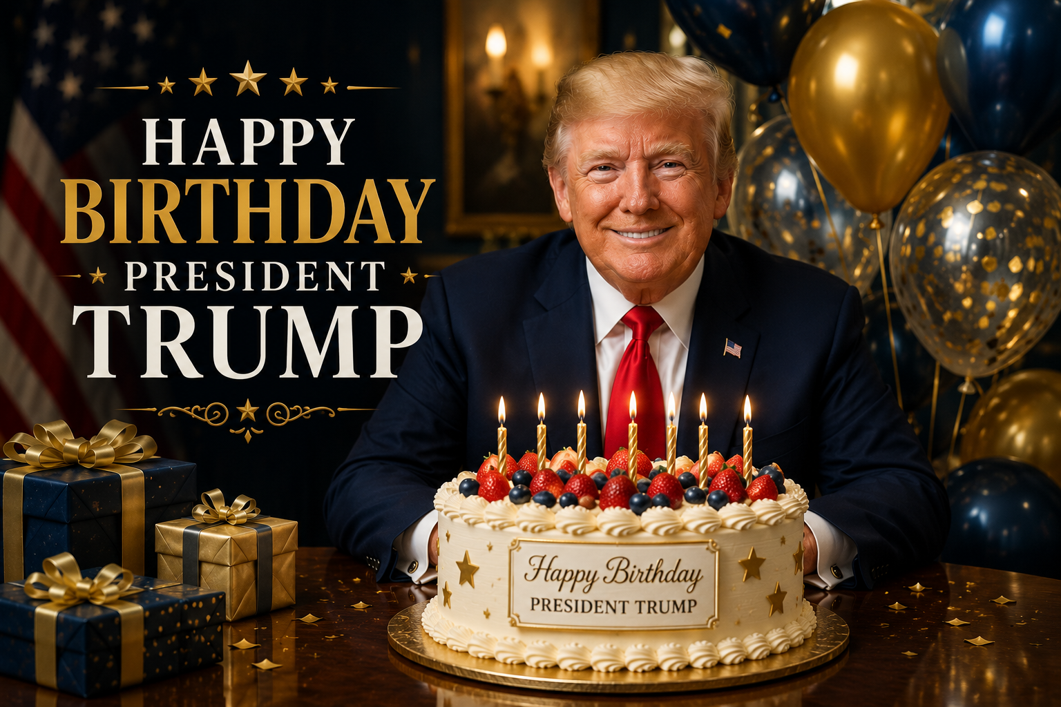 Happy Birthday President Trump — fan tribute banner with celebratory cake